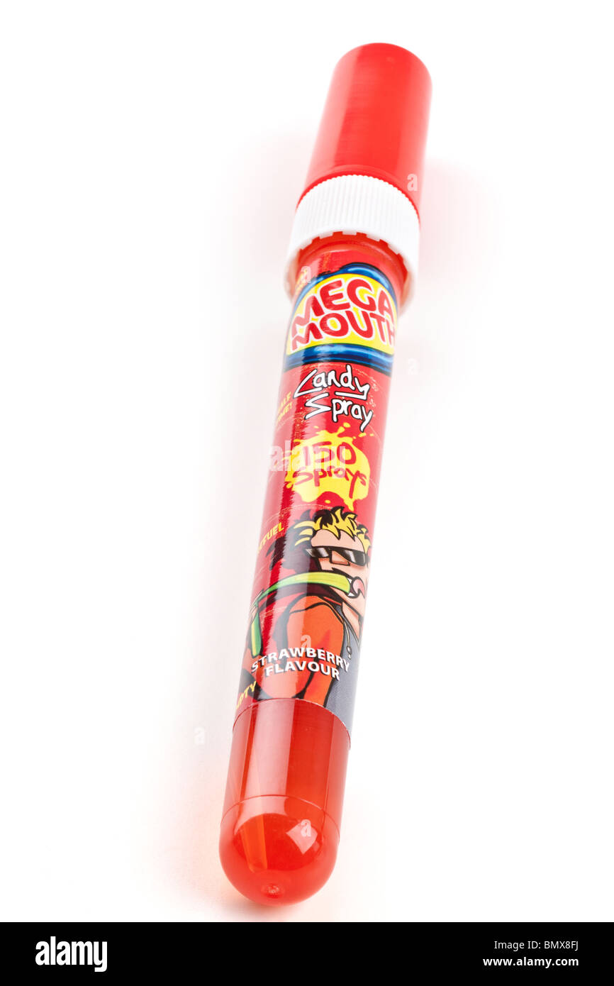 Tube spray of Mega mouth strawberry flavour candy sweet spray Stock Photo