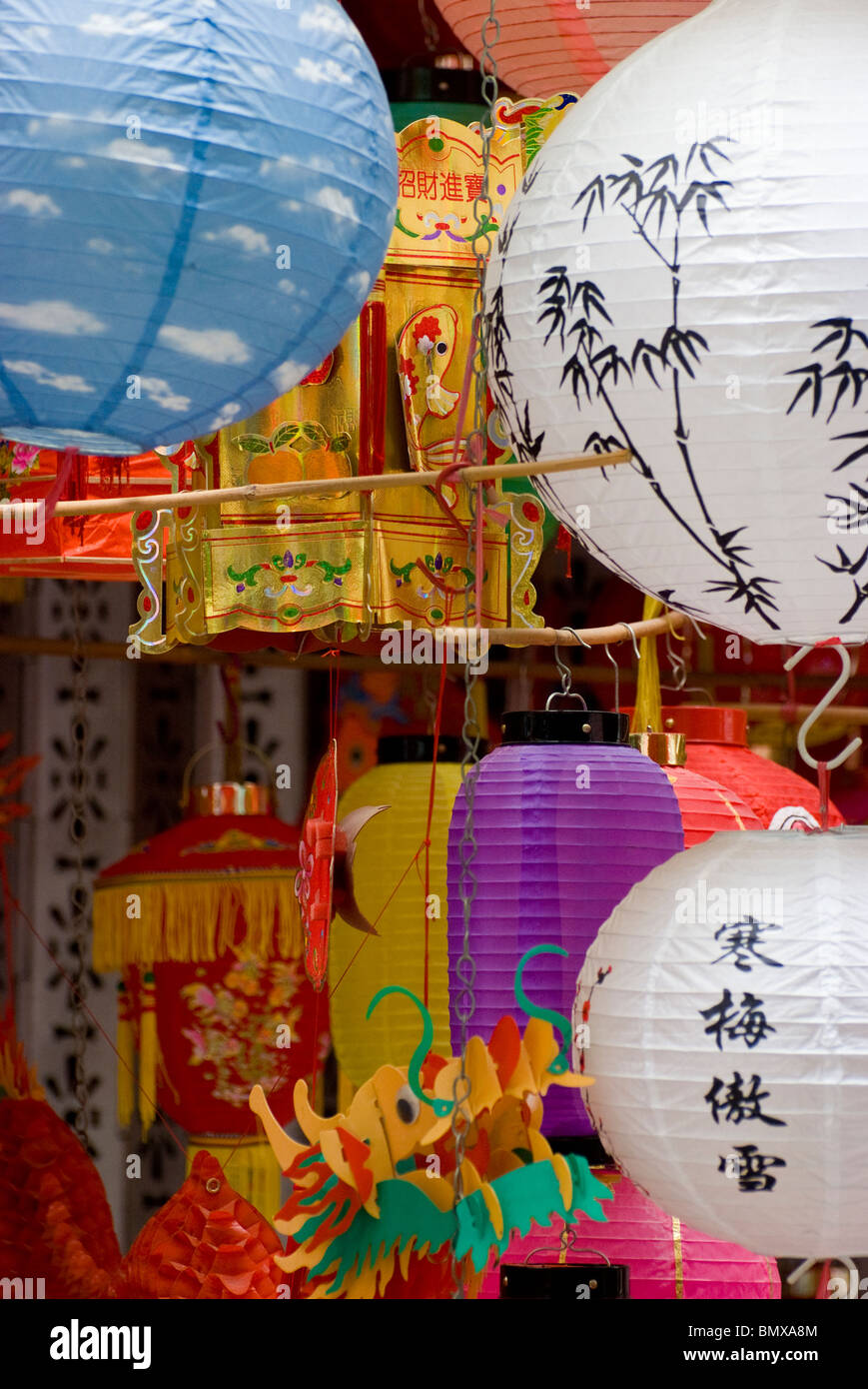 On the day before Chinese New Year in Hong Kong, China, the markets in the central district display Chinese lanterns for sale. Stock Photo