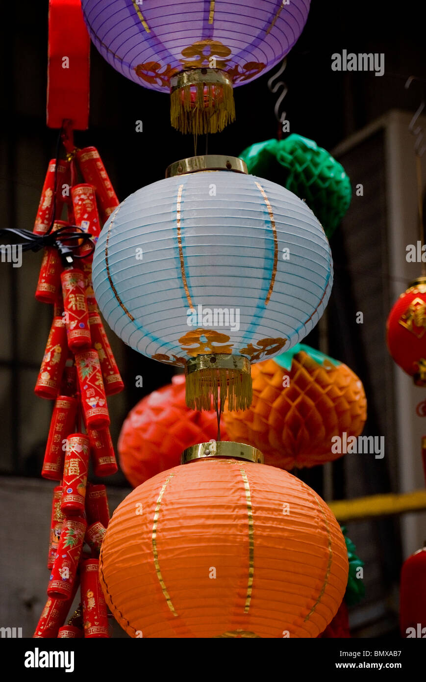 On the day before Chinese New Year in Hong Kong, China, the markets in the central district display Chinese lanterns for sale. Stock Photo