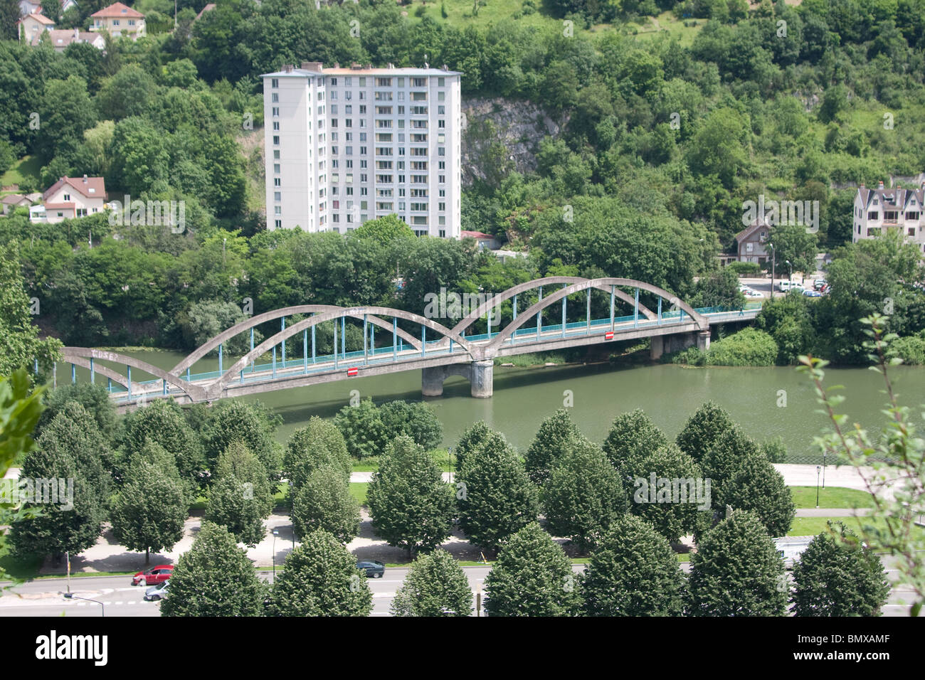 city landscape river doubs modern bridge trees Stock Photo