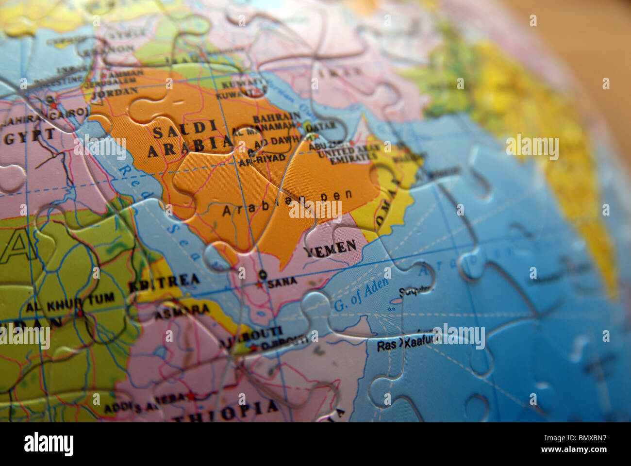 Detail of a Globe/Map. Jigsaw detail. Saudi Arabia, Saudi, Stock Photo