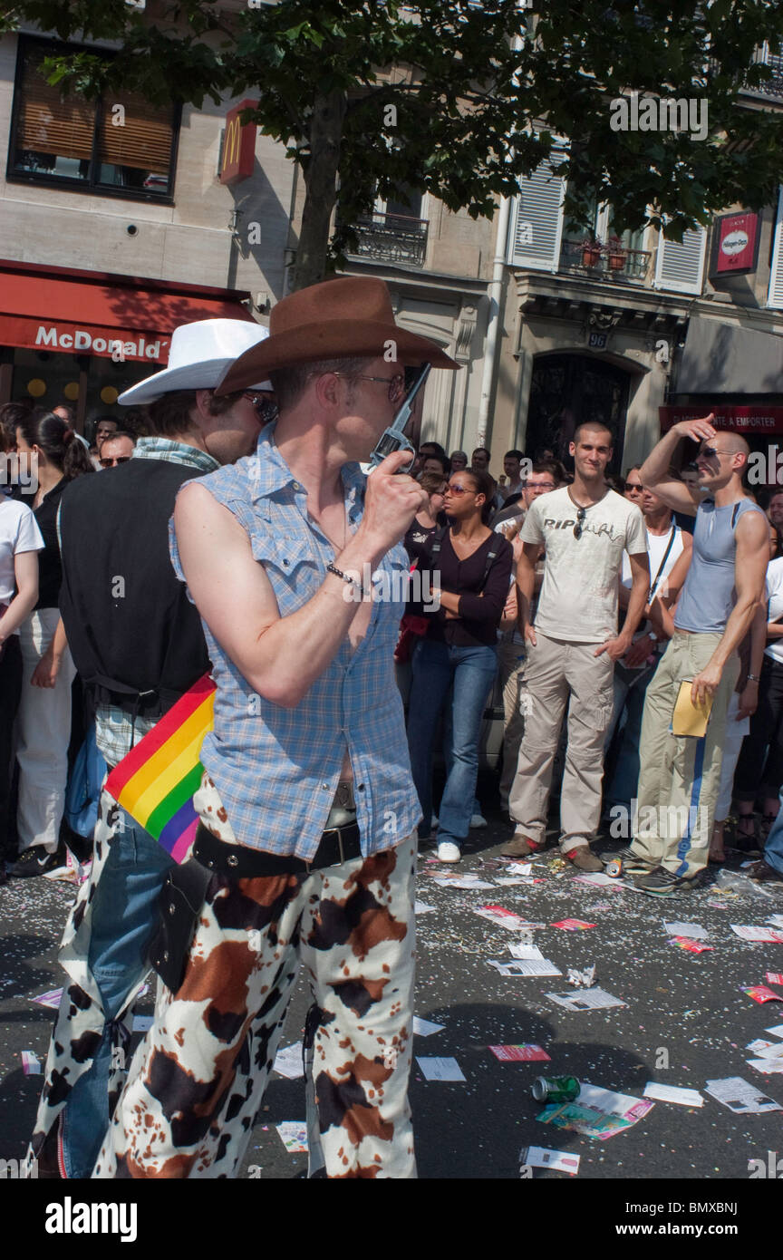 Paris, France, Public Events, People Celebrating at the Gay Pride  Parade, LGBT Pride Celebration, Cowboys, audience and performer Stock Photo