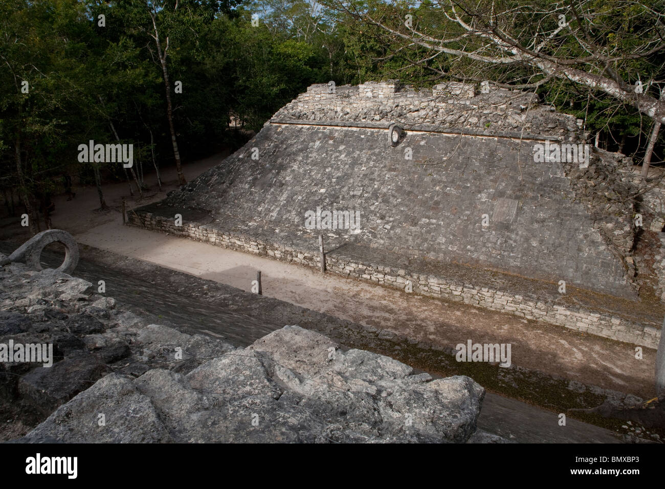 Ancient Mayan Soccer and Basketball Stadium At The Archeological Site Coba Shoot From Above , Coba Quintana Roo Mexico Stock Photo