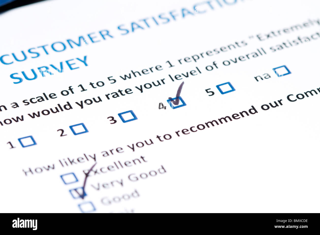 A survey questionnaire for customer satisfaction with checkboxes Stock Photo