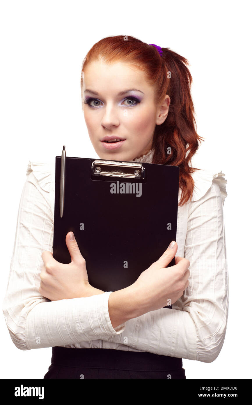 Beautiful girl with a black folder in hands Stock Photo - Alamy
