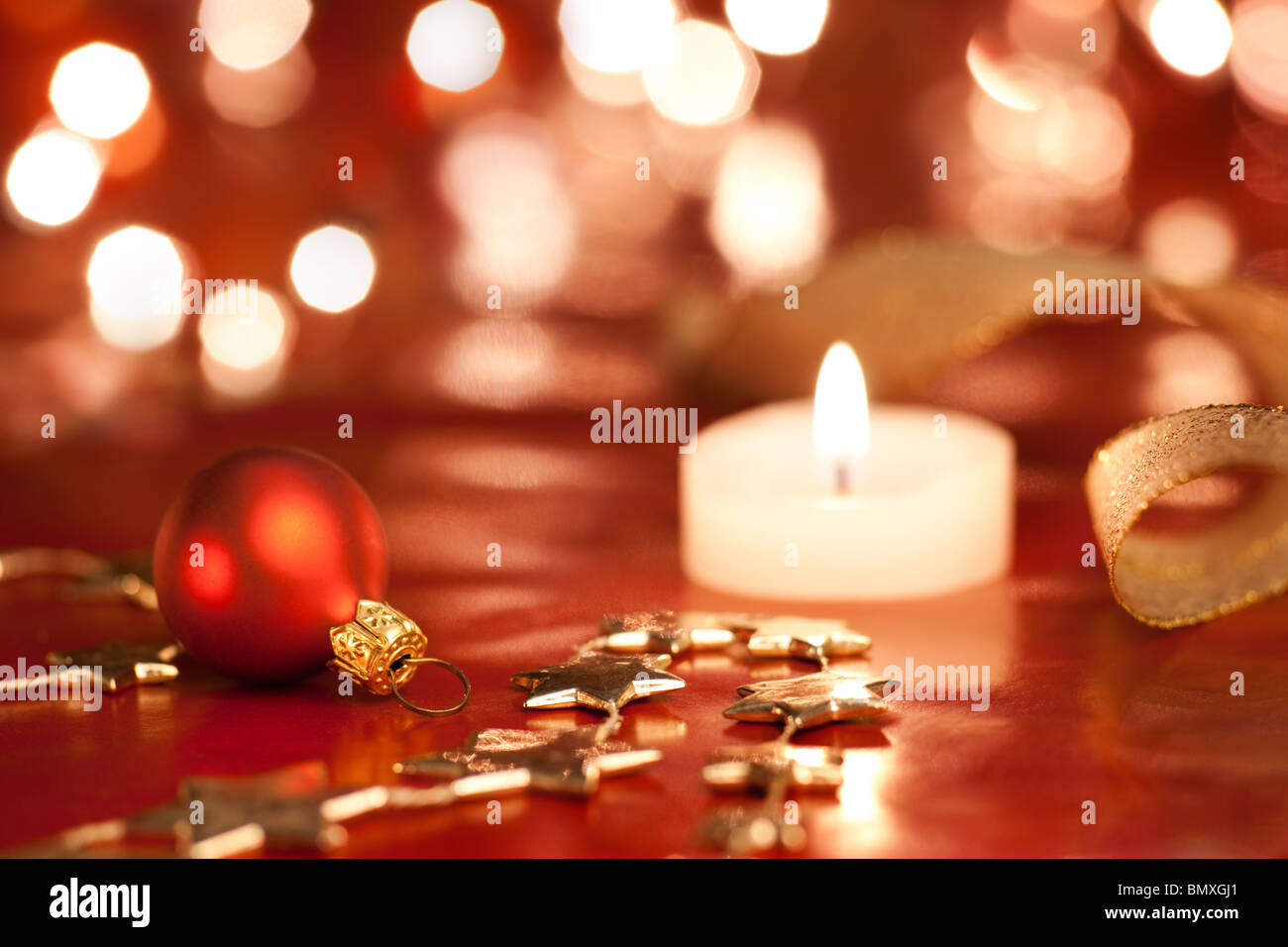 Christmas decoration with bauble. Shallow dof, focus on bauble, aRGB. Stock Photo