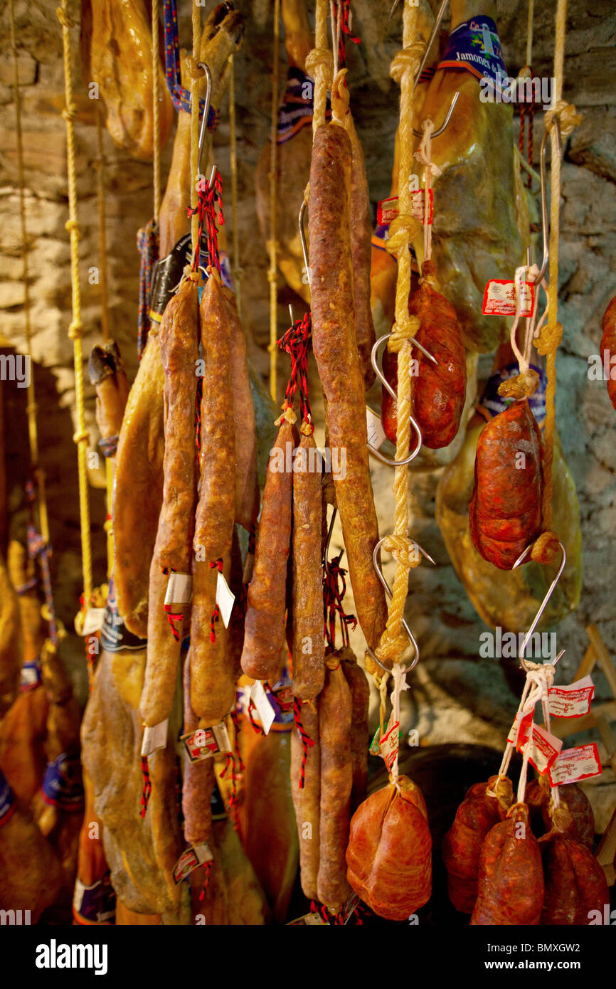 Traditional  meat delicacy hanging in souvenir shop in Pampaneira , Alpujarras Spain Stock Photo