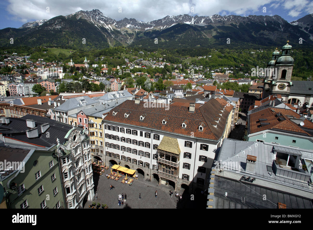 Altstadt and Goldenes Dachl / Golden Roof seen from Stadtturm, Innsbruck, Tyrol, Austria Stock Photo