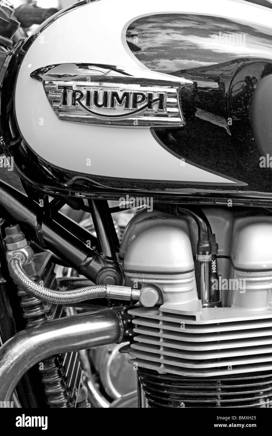 A Black and White Picture of a Fuel Tank on a Triumph Motor Bike Stock Photo