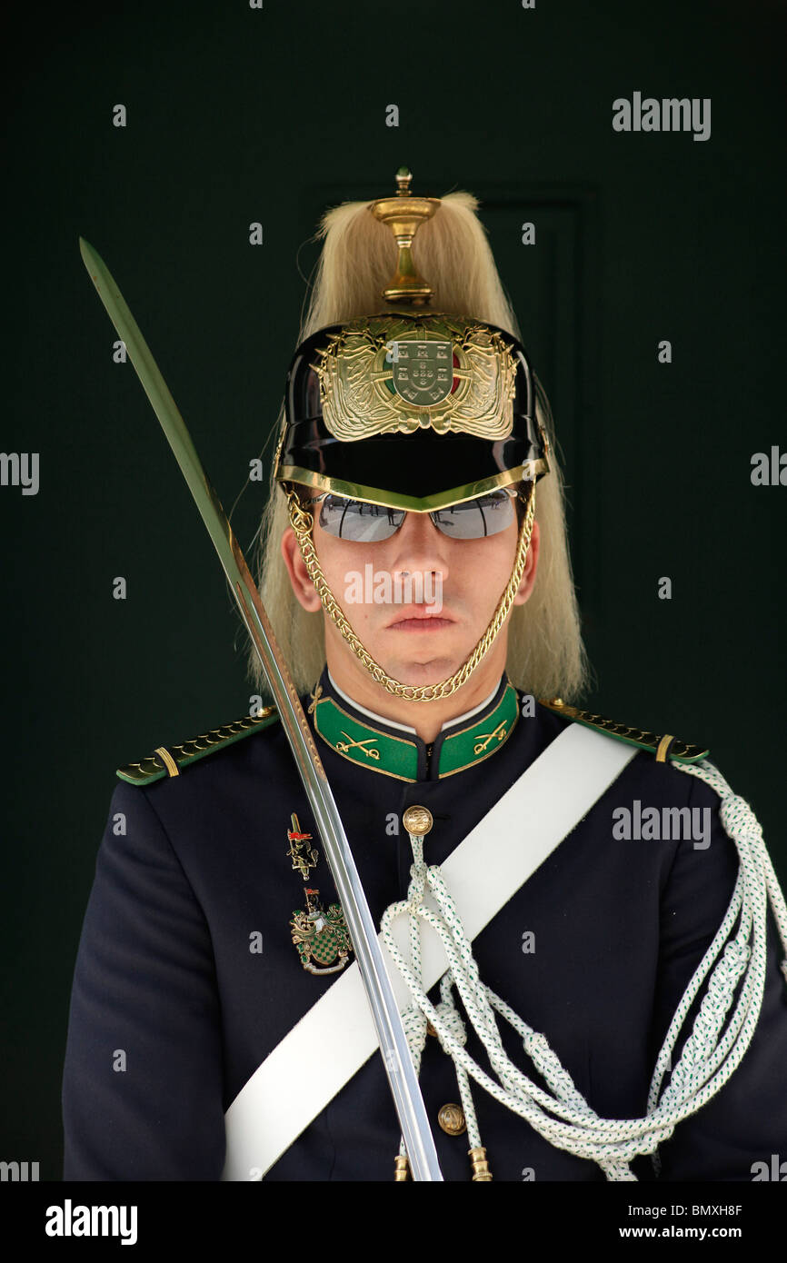 Guard in uniform at the Belem Palace, former royal residence and now occupied by the President of Portugal in Belem, Lisbon, Stock Photo