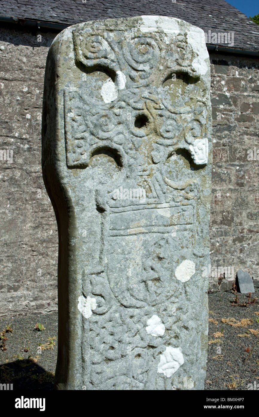 Kilmorie Stone medieval 9th or 10th century Pictish stone carved Christian cross in Ervie Kirkcolm church yard Stranraer UK Stock Photo