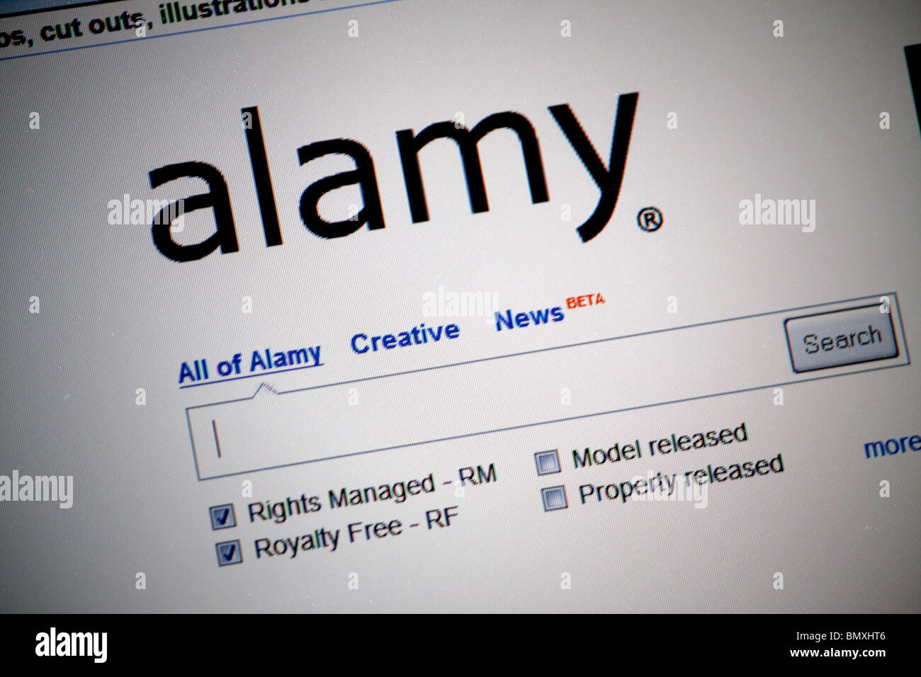 A photograph of the front home page of Alamy Limited website showing stock photography samples and an internal search engine Stock Photo