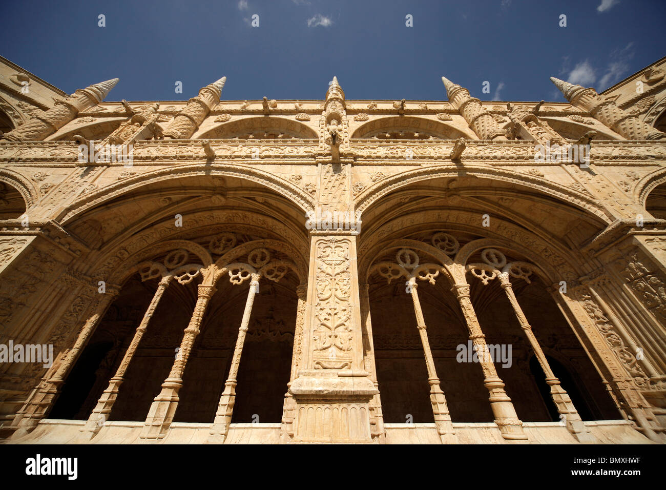 decorated two-storey cloisters and courtyard of Jeronimos Monastery Mosteiro dos Jerominos in Belem, Lisbon, Portugal, Europe Stock Photo