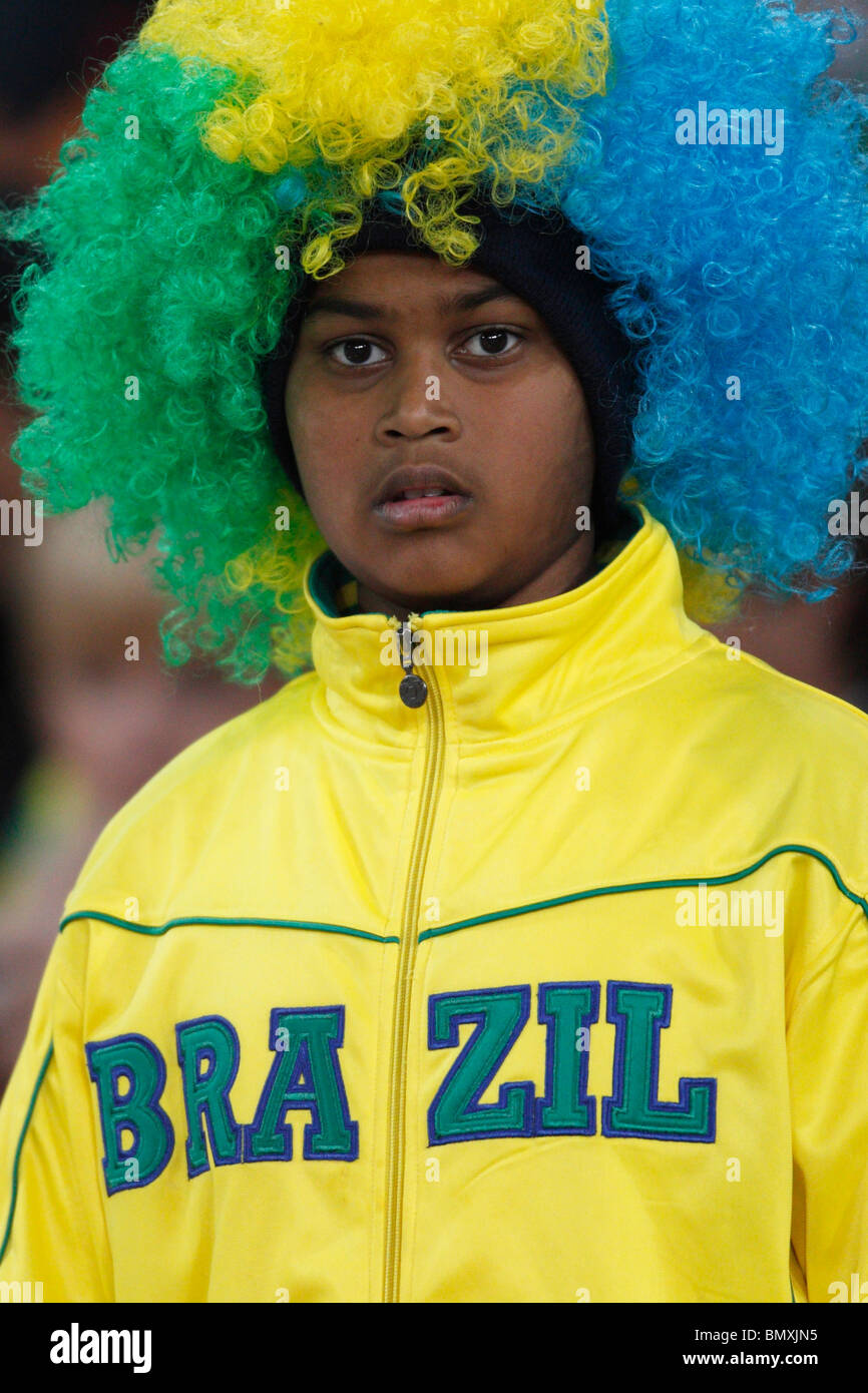 Young Brazil supporter at a 2010 FIFA World Cup football match between Brazil and Côte d'Ivoire June 20, 2010. Stock Photo