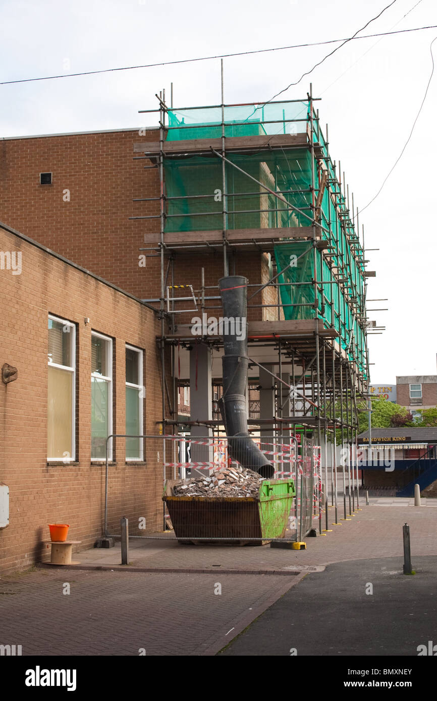 Building works showing scaffolding and skip in Billingham Town centre