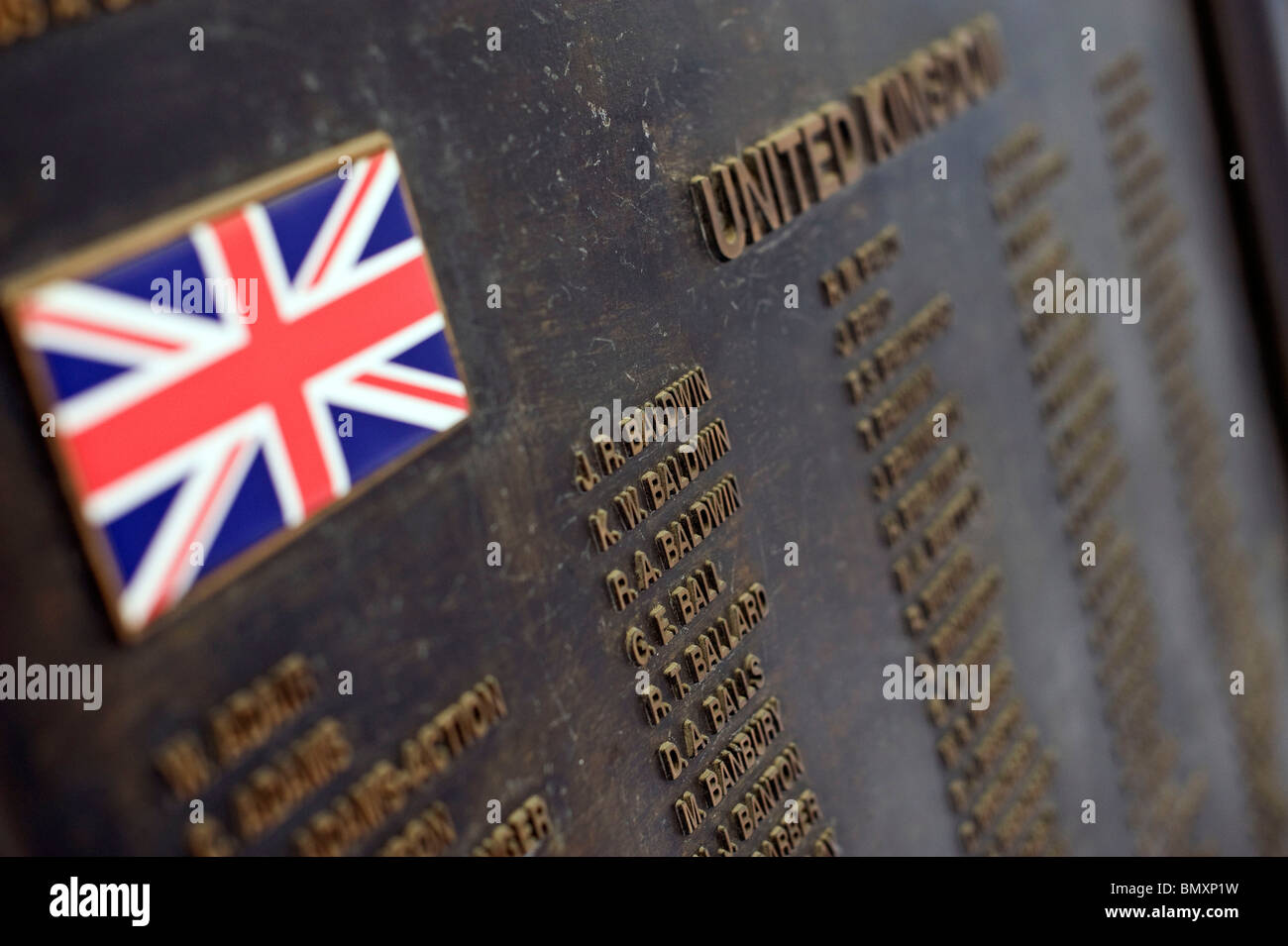 The names of British soldiers who died during the Korean War are shown in the grounds of the National War Museum Stock Photo
