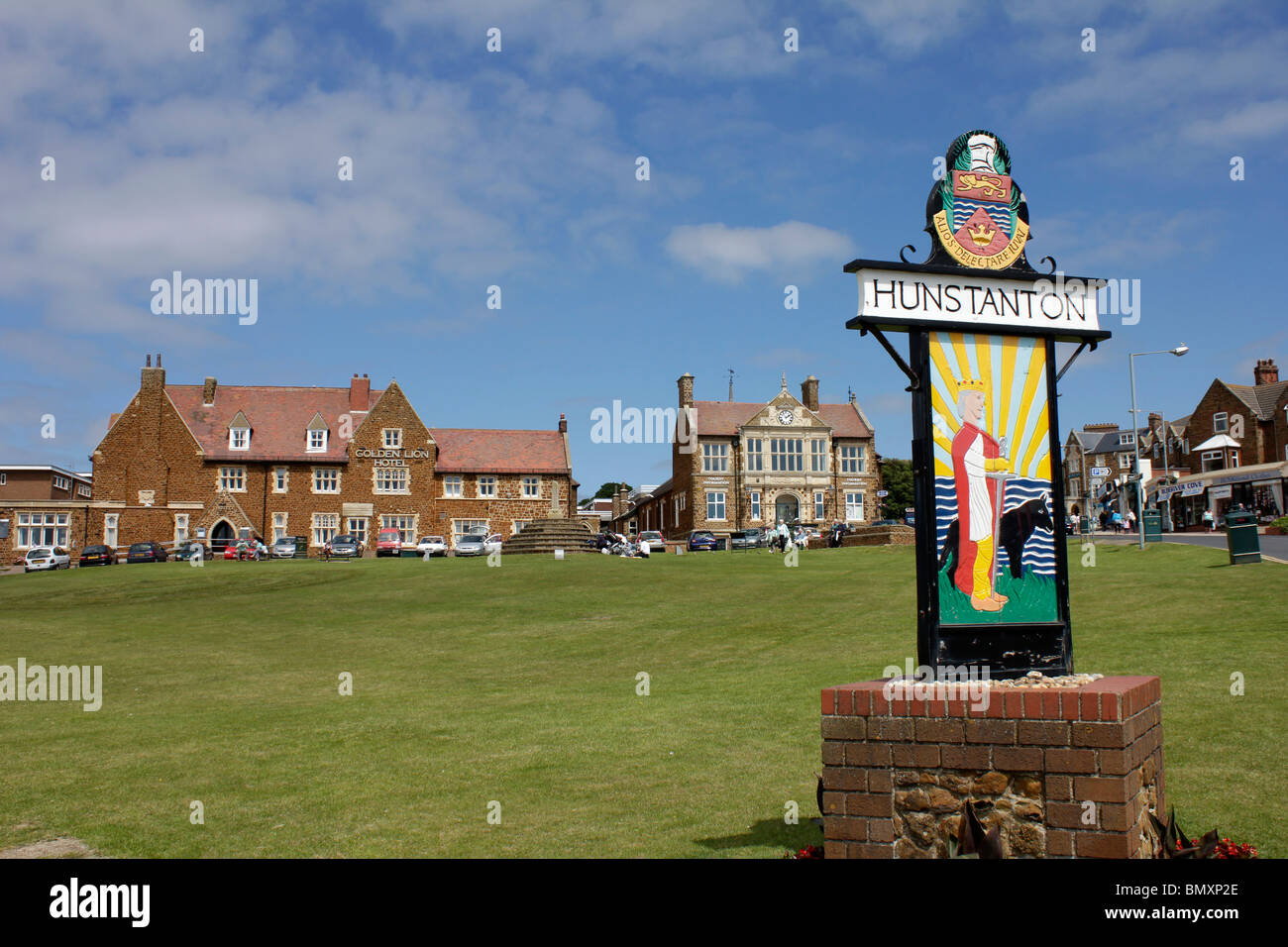 Hunstanton sign with crest on the green in the centre in the seaside town Stock Photo