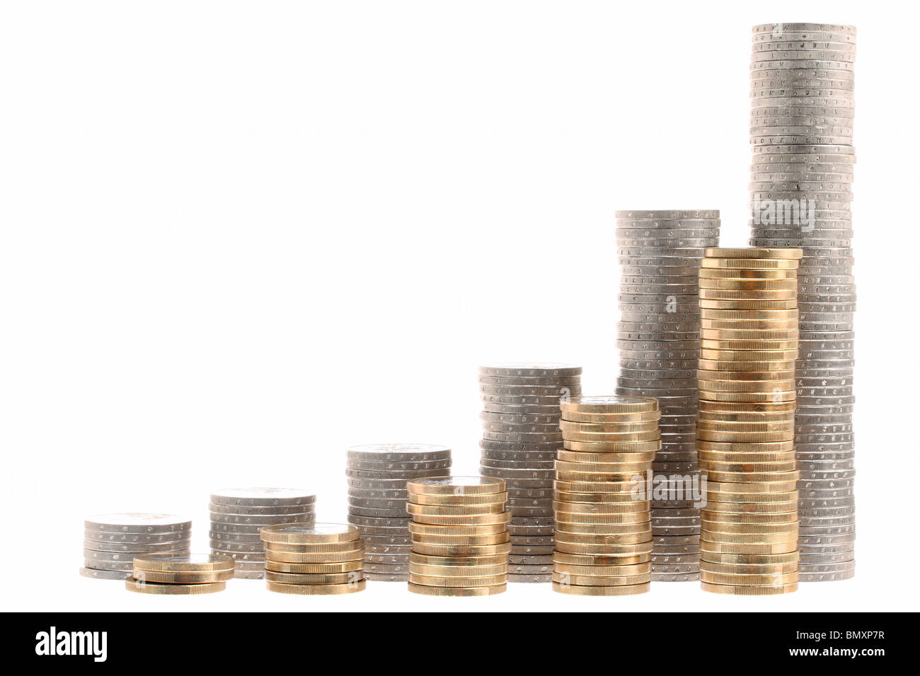 Coin stairs representing growth isolated on white background Stock Photo