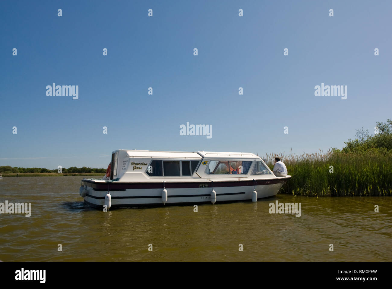 Holidaying on a motor boat, Hickling Broad, The Norfolk Broads, Norfolk, England. Stock Photo