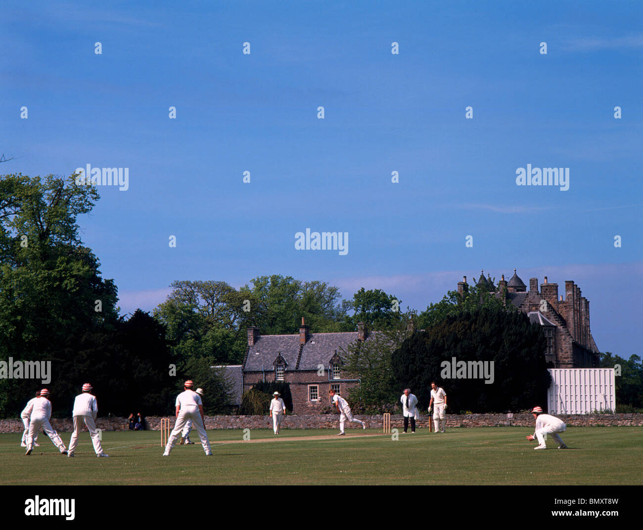 Loretto School 1st XII cricket match in front of Pinkie House, 1980's. Stock Photo