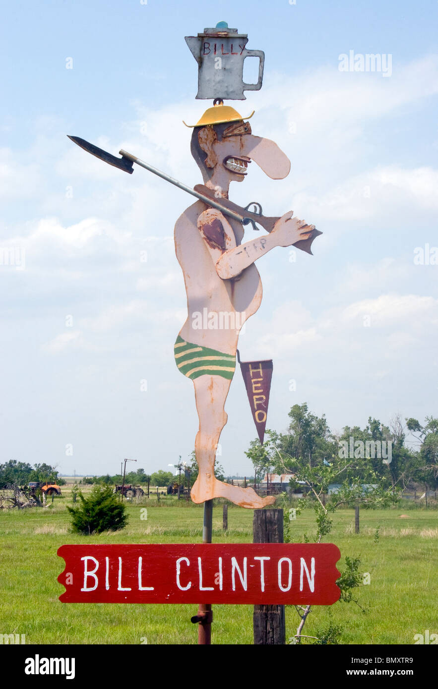 Political Satire Metal Sculptures by MT Liggett in Mullinville Kansas Stock Photo