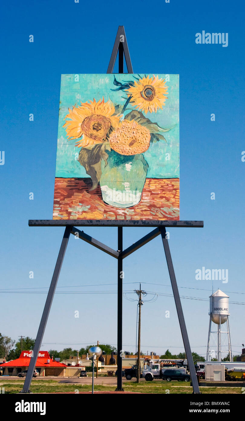 Worlds Largest Easle and Van Gogh Sunflowers Painting in Goodland Kansas Stock Photo