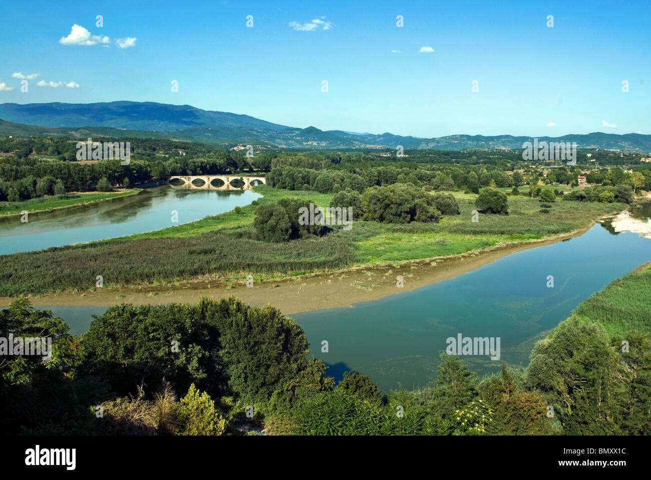 Arno River and Chiana River at Ponte Buriano, Ponte Buriano, Arezzo, Tuscany, Italy , Europe Stock Photo