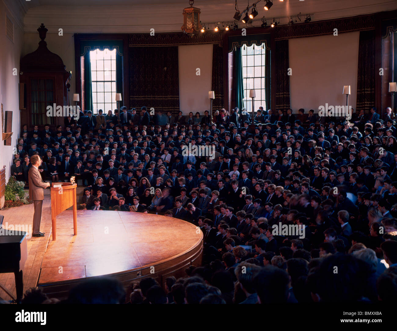 Marlborough College school assembly in the Memorial Hall, 1980's. Stock Photo