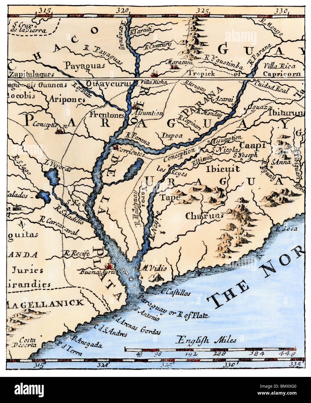 Mouth of the Rio de La Plata in South America, in a map of 1698. Hand-colored woodcut Stock Photo