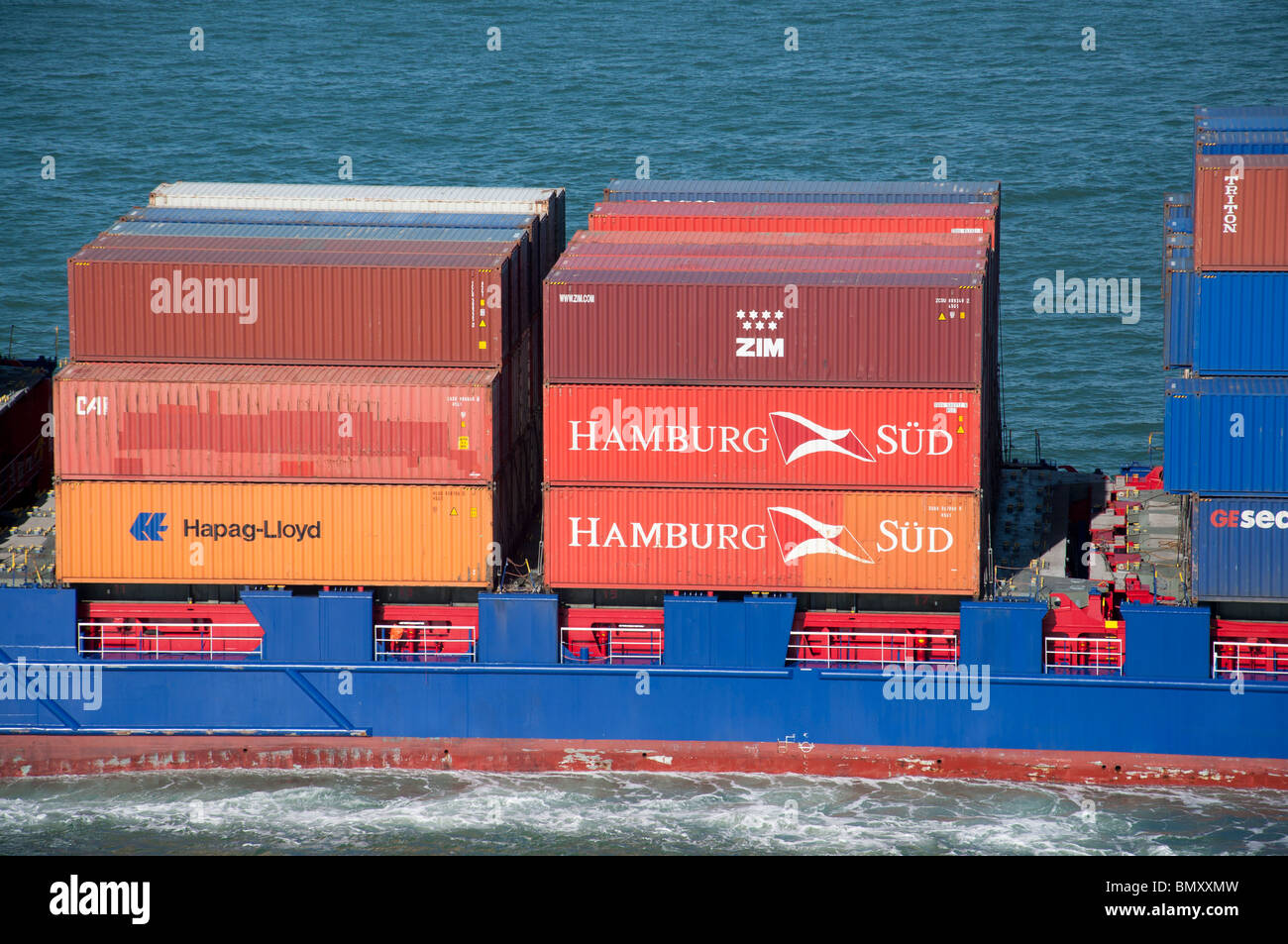 Shipping Containers loaded on a container ship being transported