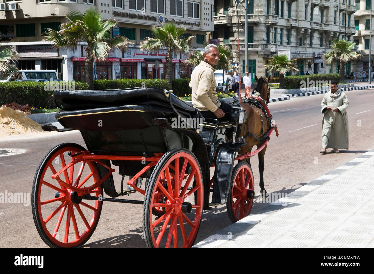 Old horse carts roam the streets of Alexandria, mostly along the Mediterranean sea promenade. Stock Photo
