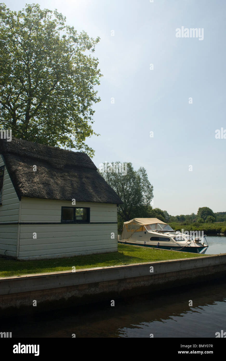 Boathouse on the River Bure at Coltishall, Norfolk, England. Stock Photo