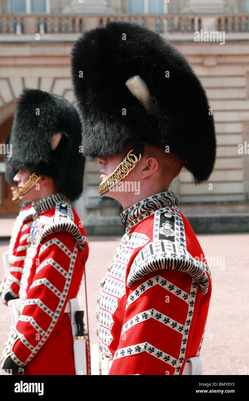 Close-up of  Grenadier Guardsmen,  participating in changing the guard at Buckingham Palace, London Stock Photo