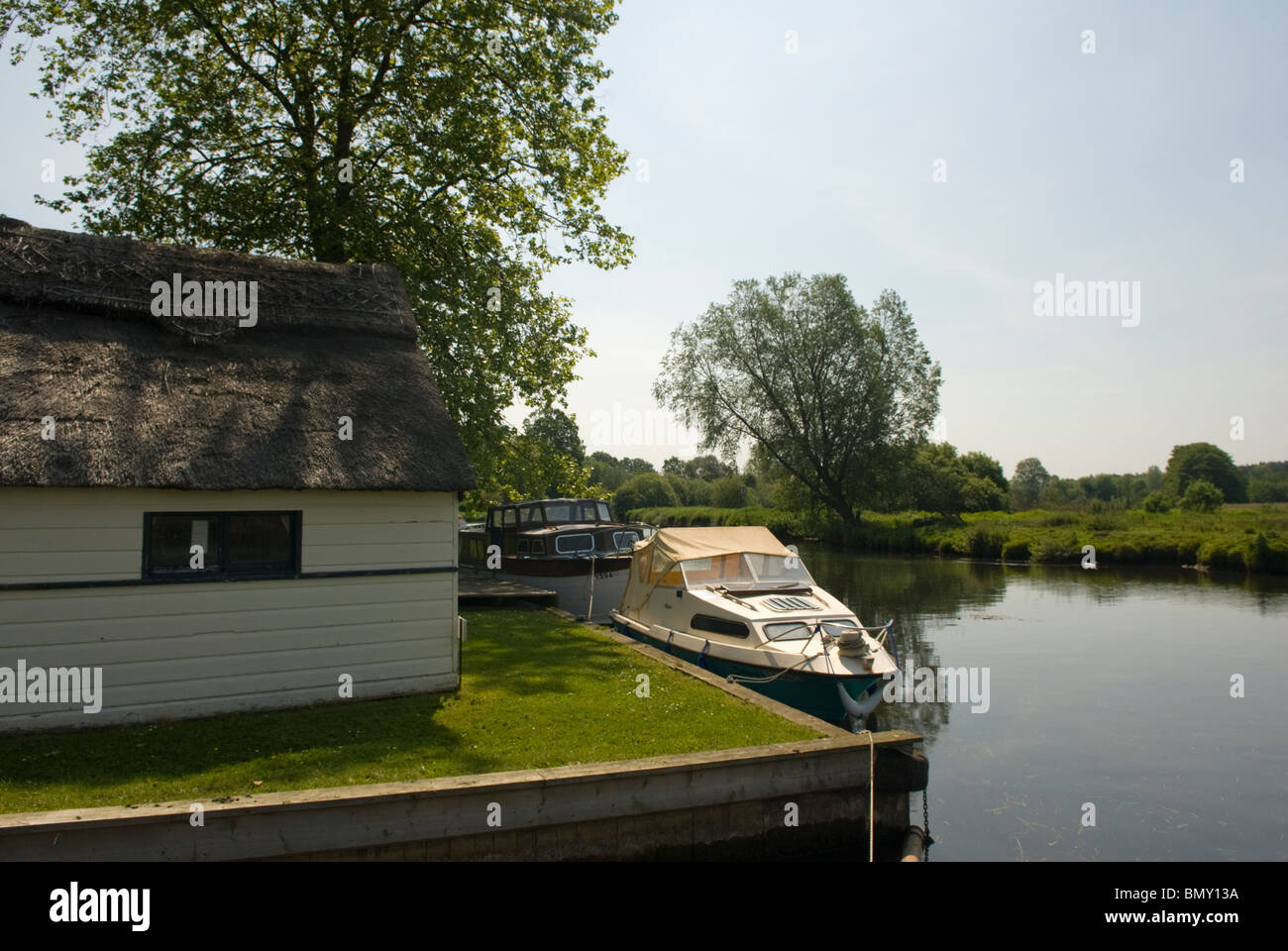 Boathouse on the River Bure at Coltishall, Norfolk, England. Stock Photo