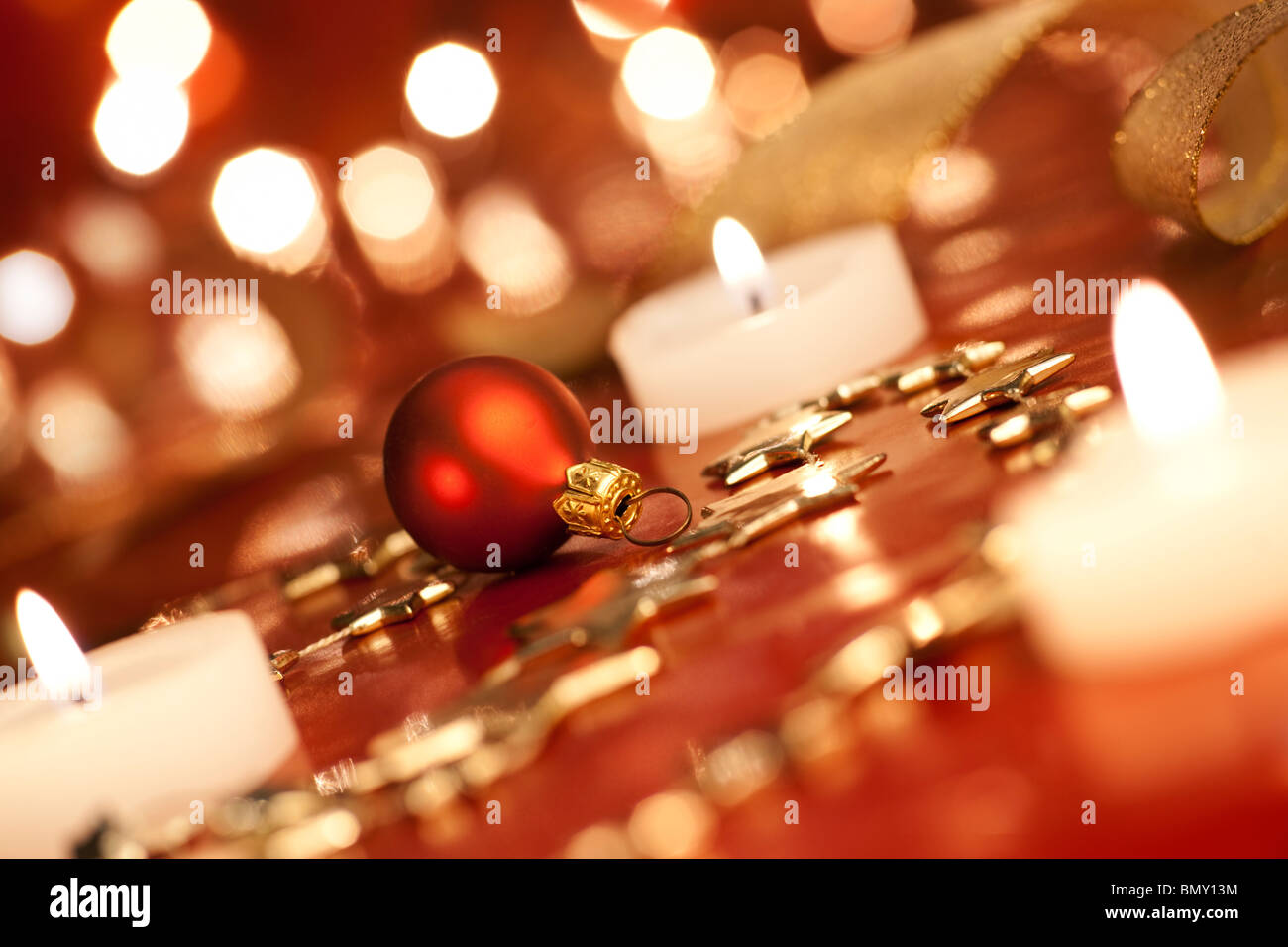 Christmas decoration with bauble. Focus on bauble, aRGB. Stock Photo