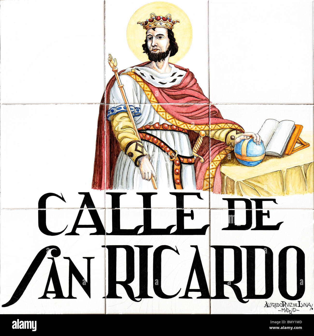 Madrid, Spain. Traditional Tiled Street Sign. Calle de San Ricardo (by Alfredo Ruiz de Luna / Madrid) Stock Photo