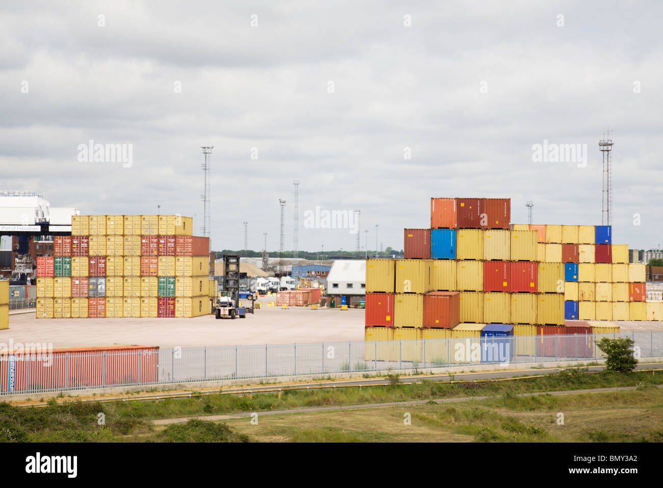 Shipping containers stacked up in the Port of Felixstowe, Suffolk