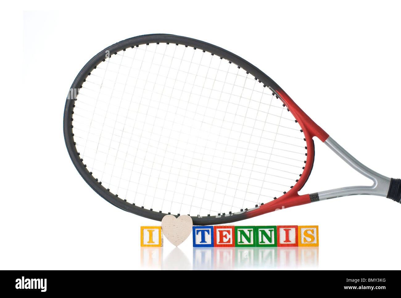 Colorful children's blocks spelling I LOVE TENNIS with tennis racket