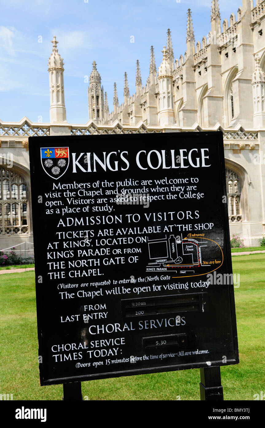 Visitor Information Board at Kings College, Cambridge, England, UK Stock Photo