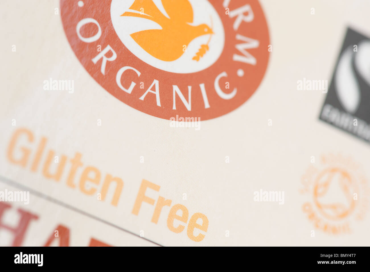 Wheat free, Gluten free, food packet labeling on organic cookies Stock Photo