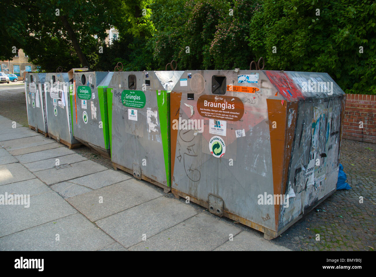 Recycling bins for different kinds of glass Prenzlauer Berg east Berlin Germany Europe Stock Photo