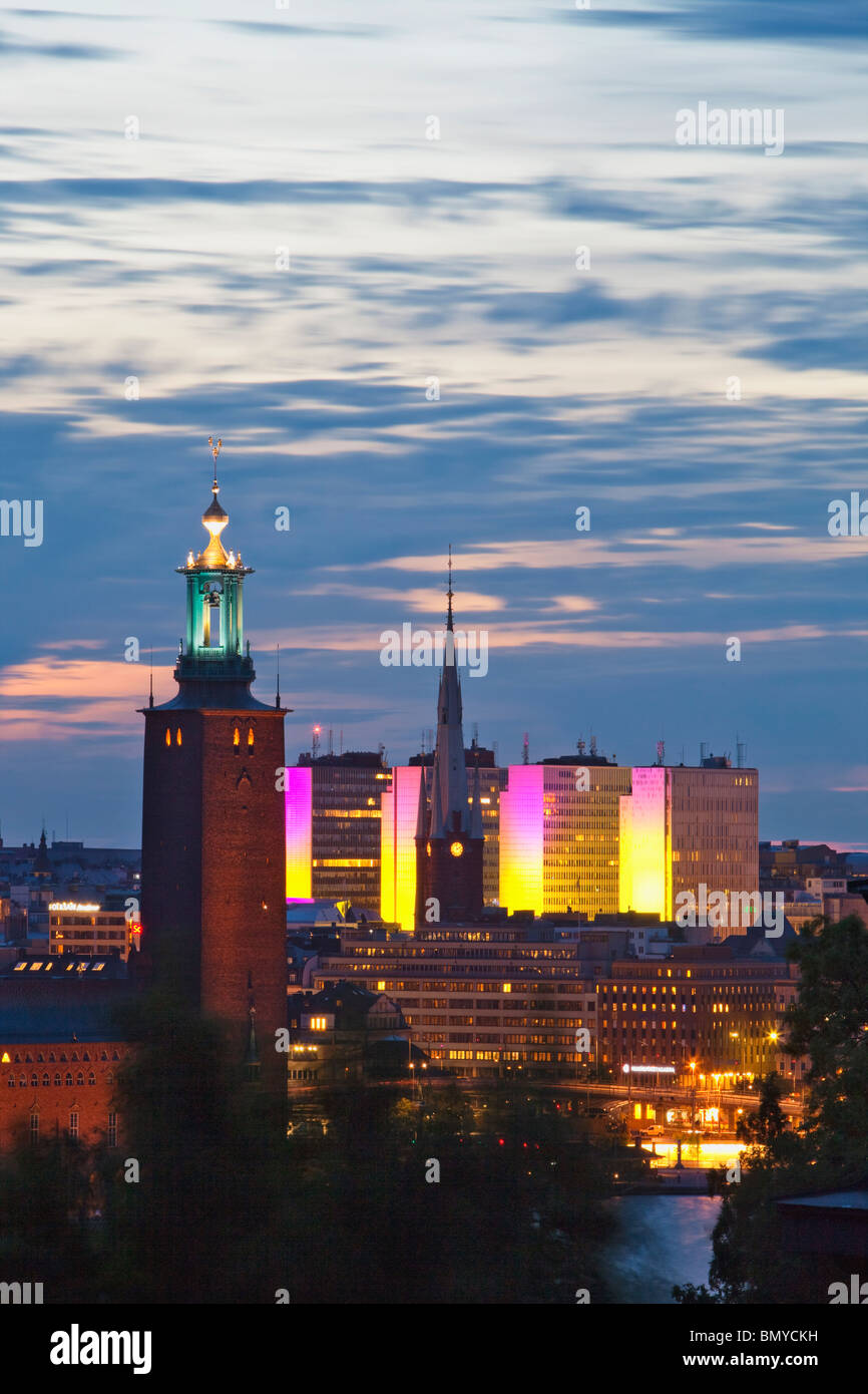 sweden stockholm - town hall and city highrises during long summer night Stock Photo