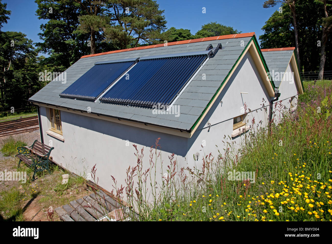 Solar thermal panels on roof of Woody Bay Station Parracombe North Devon UK Stock Photo