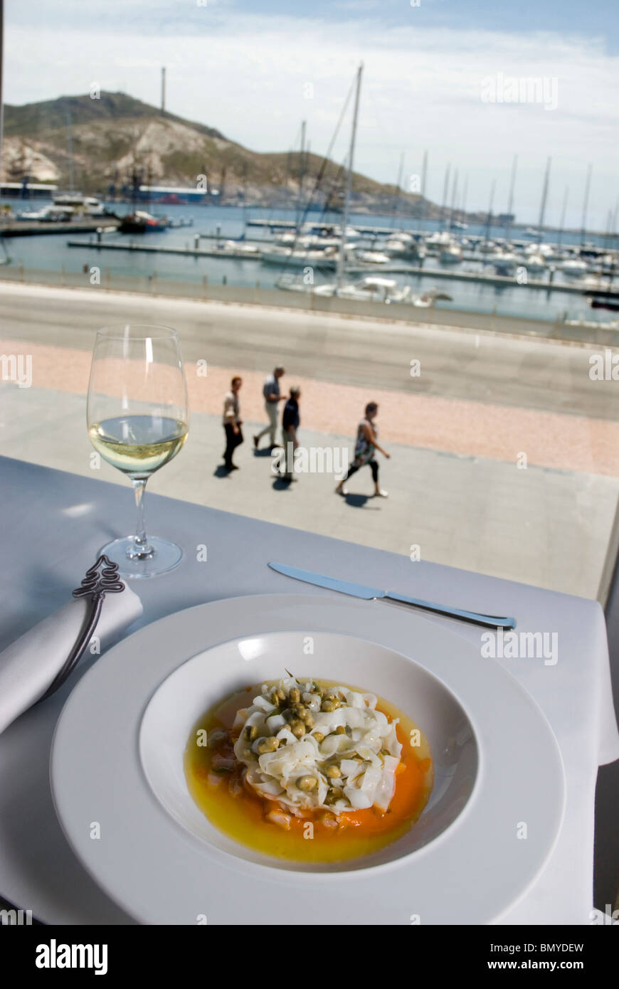 Squid noodles. Arqua Restaurant CARTAGENA CITY Murcia  SPAIN Tallarines de calamar con habitas, ajos tiernos y crema de tomate Stock Photo