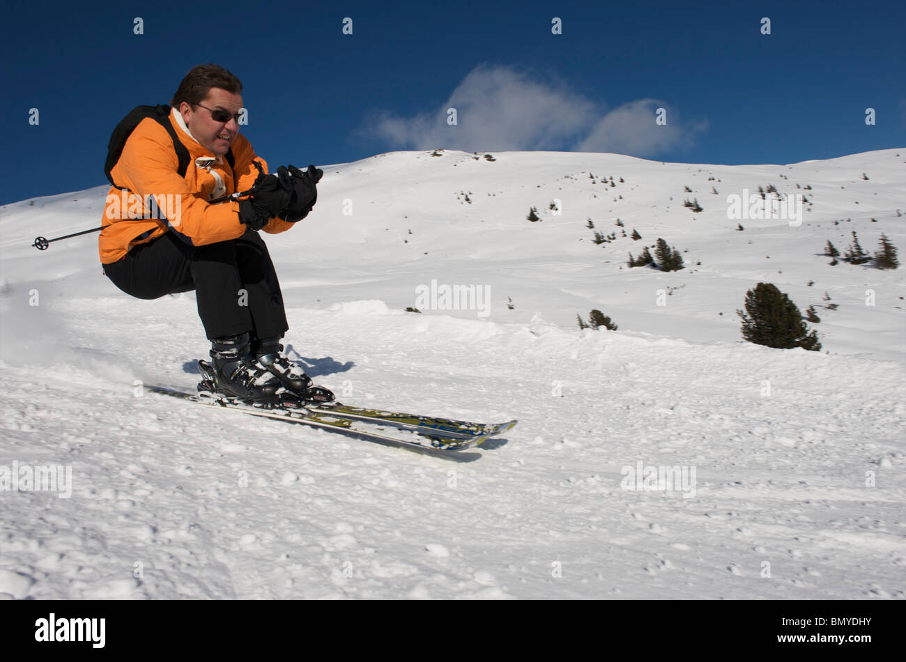 Konigsleiten, skier picking up speed Stock Photo
