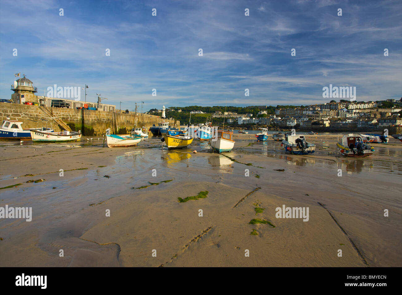 Fishing boats moored in the harbor (harbour) in St.Ives, Cornwall Stock Photo