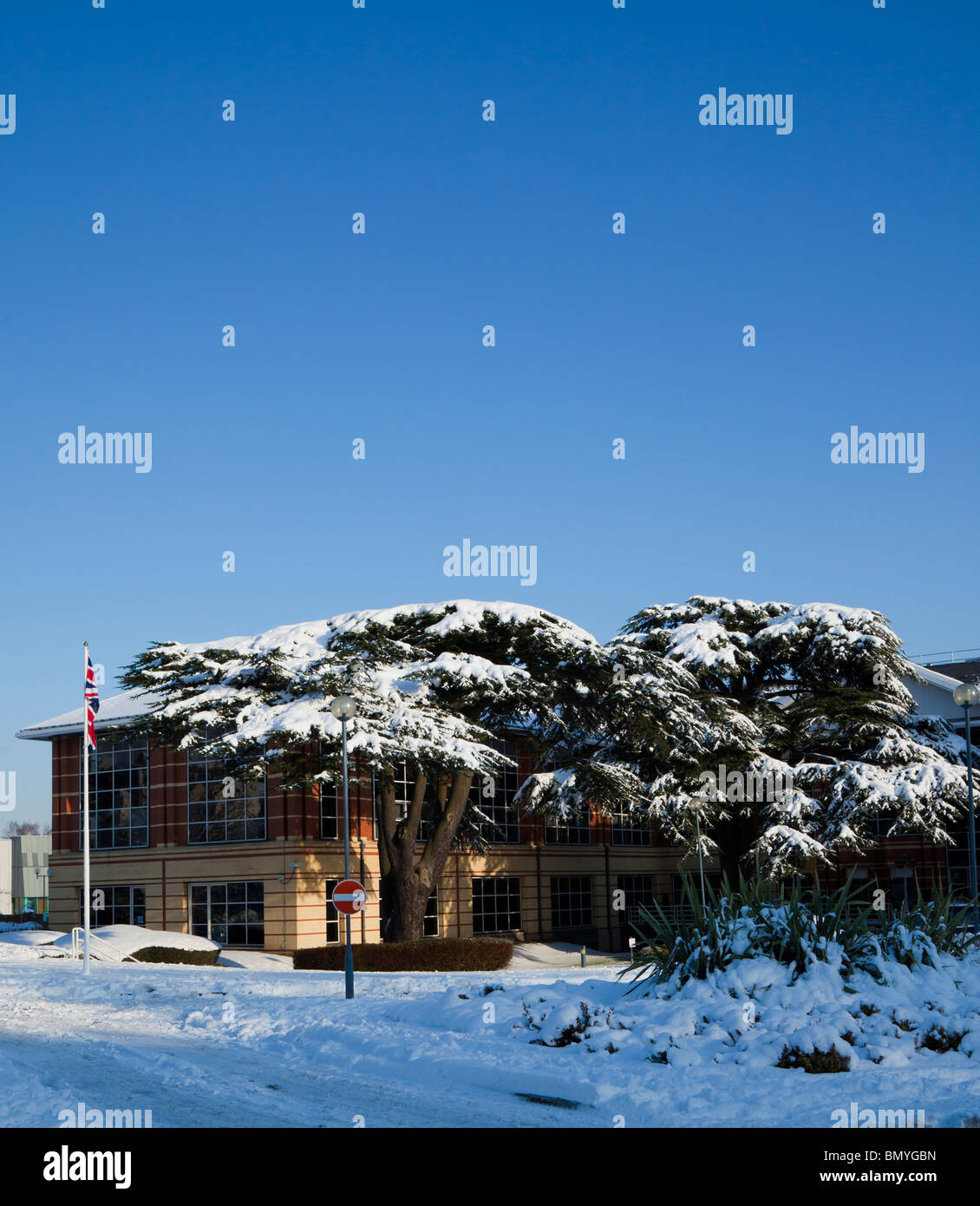 Office building in Reigate surrey covered in snow on a sunny day. Stock Photo