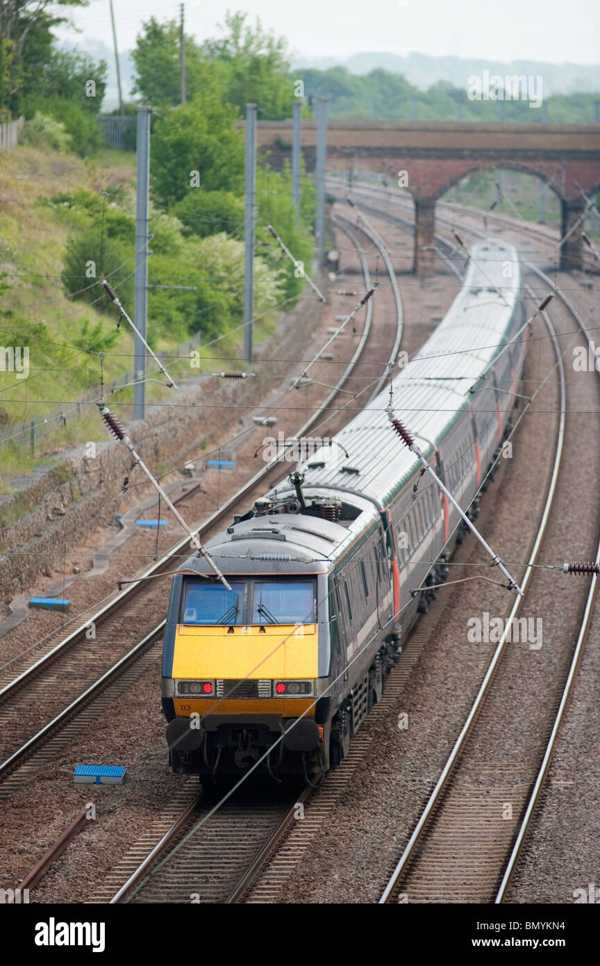 East Coast high speed passenger train travelling at speed along the