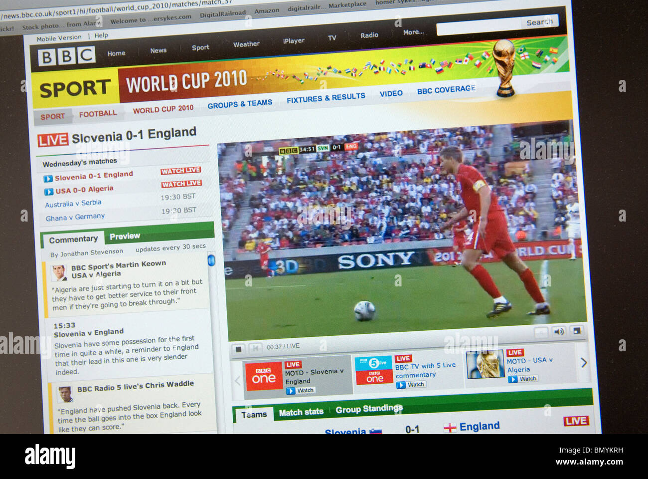 World Cup Football 2010 Live on BBC iplayer on portable computer London UK. England 1 Slovenia 0 Stock Photo