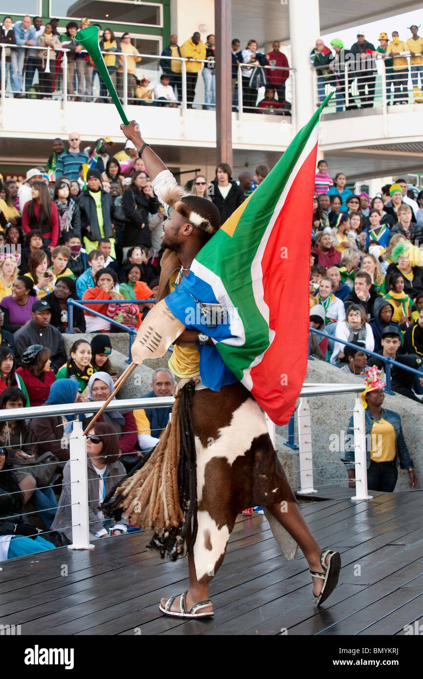 Supporter dressed as worrior at public viewing FIFA World Cup 2010 in Cape Town South Africa Stock Photo